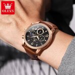 Men's Quartz Watch Manufacturer - OLEVS 3660 Waterproof Luminous Moon Phase Date Calendar Japan Quartz Leather Strap