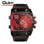 Men's Punk Watch Manufacturer - OULM Trendy Big Dial Square with Leather Strap Multi Time Zone Stop Chronograph Casual