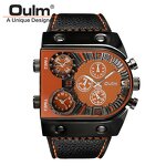 Men's Punk Watch Manufacturer - OULM Trendy Big Dial Square with Leather Strap Multi Time Zone Stop Chronograph Casual