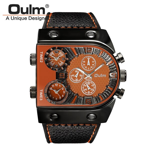 Men's Punk Watch Manufacturer - OULM Trendy Big Dial Square with Leather Strap Multi Time Zone Stop Chronograph Casual
