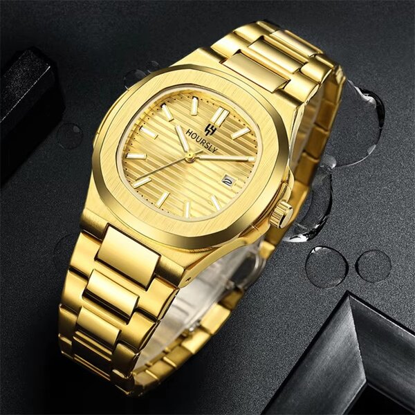 Men's Trend Watch Manufacturer - HOURSLY 1371 Gold Stainless Steel Fashion Quartz Wristwatch