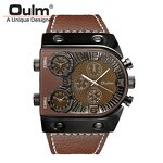 Men's Punk Watch Manufacturer - OULM Trendy Big Dial Square with Leather Strap Multi Time Zone Stop Chronograph Casual