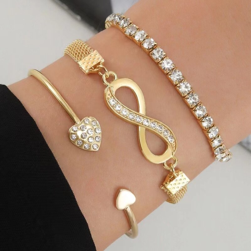 Bracelet Set for Women Manufacturer - 3pcs Full Diamond Crystal Gold Heart Open Charm Multilayer Infinity