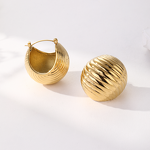 Big Oval Stud Earrings for Women Manufacturer - 18K Gold Engraved Striped Stainless Steel for Parties