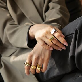 Rings Set Manufacturer - Gold Plated Chunky Glossy Stainless Steel Simple Irregular Textured