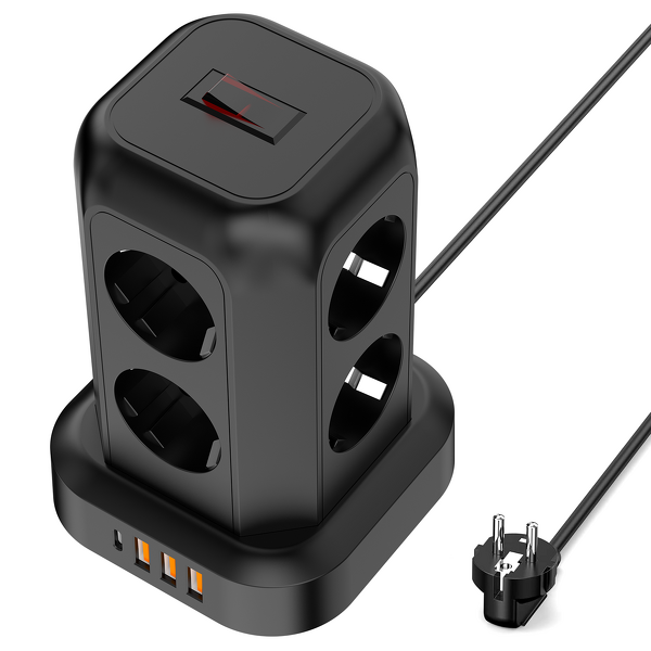 EU 1.8M Extension Cord Tower Manufacturer - Power Strip Surge Protector 8 Outlets 4 USB Ports (1 USB-C) 10A Multiple Outlets