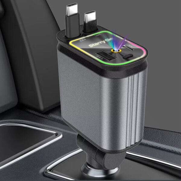 120W Retractable Car Charger Manufacturer - with Dynamic Lights Dual Retractable USB C Cables for Phone Laptop 2024 New Star Light