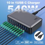 540W GaN4 Fast Charger Manufacturer - PD 3.0 Compatible 5A 5C Portable Wall Plug for iPhone 10-Port Desktop Charger