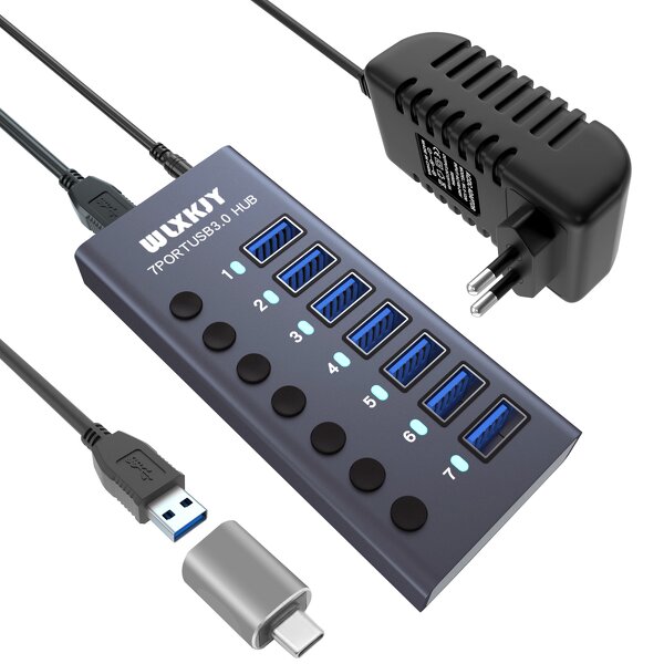 7-Port USB 3.0 Aluminum Hub Adapter Manufacturer - Individual On/Off Switch DC12V/3A Power Supply 5Gbps Data Transfer