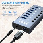 7-Port USB 3.0 Aluminum Hub Adapter Manufacturer - Individual On/Off Switch DC12V/3A Power Supply 5Gbps Data Transfer