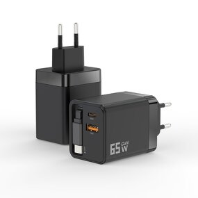 65W GaN Wall Charger Manufacturer - Dual USB & USB-C Ports with Retractable Type-C Cable