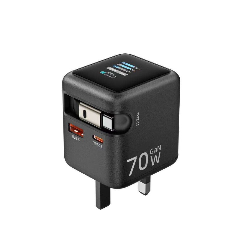 70W GaN Power Adapter Manufacturer - USB-C USB-A QC PD Charger Cube with TFT Display Retractable Cable & OTP Protection New