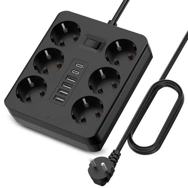 EU Travel Power Strip Manufacturer - 6-Socket 2500W with 4-USB 2 Type-C Overload Protection 1.8m Line CE Certified for Laptop Camera
