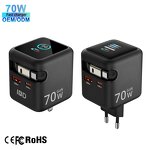 70W GaN Power Adapter Manufacturer - USB-C USB-A QC PD Charger Cube with TFT Display Retractable Cable & OTP Protection