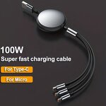 100W Fast Charging Aluminum Cable Manufacturer - 1-to-3 Retractable 2*Type C+Micro-USB Supported Data Transfer for Phones