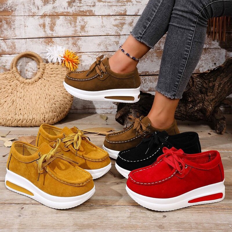 High-heel Single Shoes for Women Manufacturer - Medium Heel Lace-up Swing Style Suede Leather Student Shoes