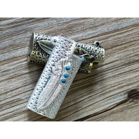 Lighter Case Manufacturer - Feather Pattern 3D Embossed with Turquoise Inlaid Protective Shell for J5 Lighters