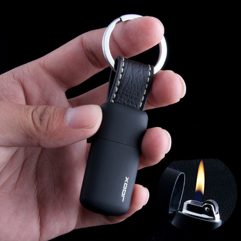 Butane Gas Lighter Manufacturer - Classic Keychain with Grinding Wheel Open Flame Leather Pendant Inflatable Metal