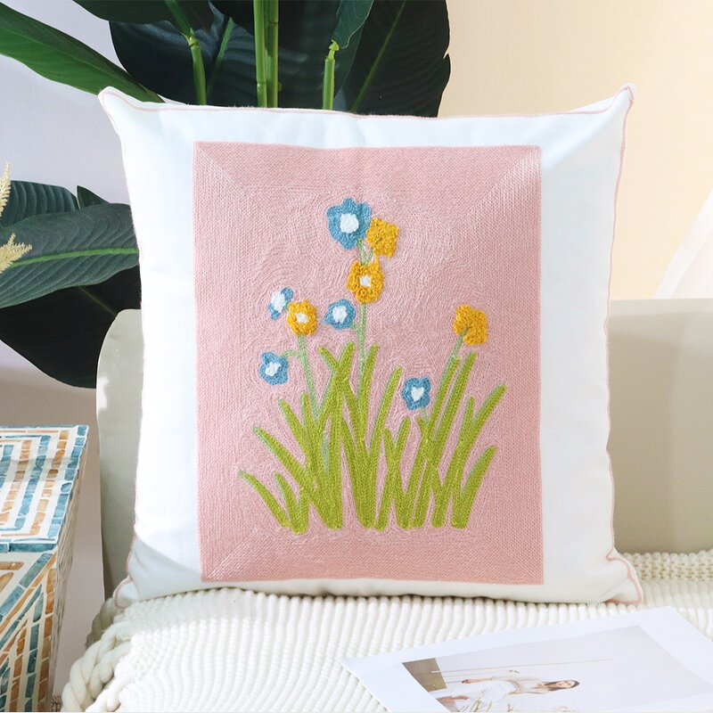 Sofa Pillow Manufacturer - Cute Pink Cotton Embroidered with Yellow Flower Fresh Countryside Style Decoration