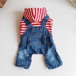 Dog Clothes Manufacturer - Four Seasons Striped Four-legged Denim Overalls Hooded Jean Cowboy Jacket