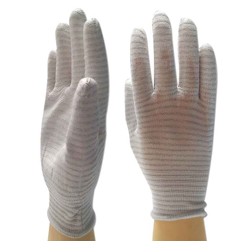 ESD Gloves Manufacturer - Anti Static Carbon Yarn Striped PVC Dotted PU Finger Top Coated