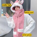 Winter Plush Bib Cap Manufacturer - Sweet Cute Rabbit Ears Warm Scarf Gloves Set