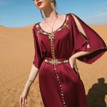 Middle East Party Dress Manufacturer - Wine Red Shoulder Free Hand Sewn Diamond Design Polyester
