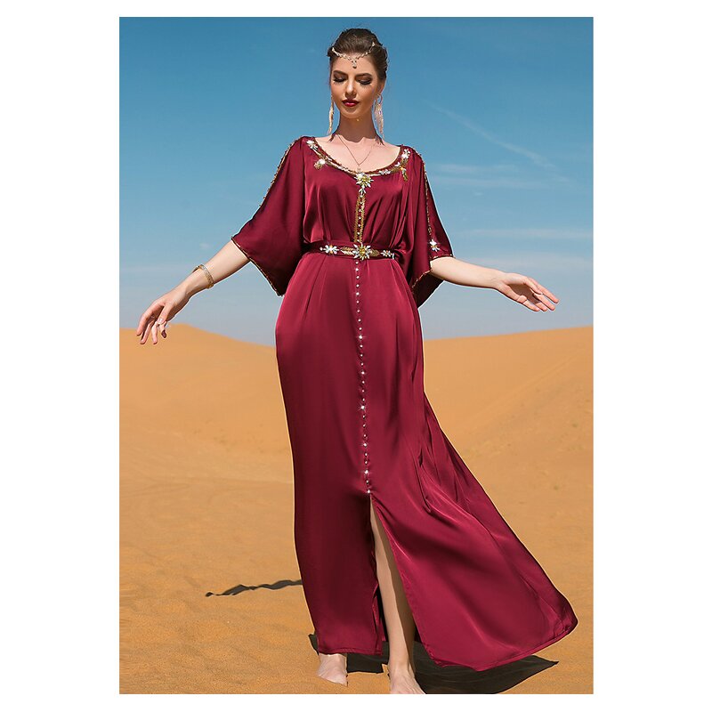 Middle East Party Dress Manufacturer - Wine Red Shoulder Free Hand Sewn Diamond Design Polyester
