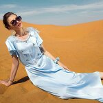 Muslim Style Dress Manufacturer - Light Blue Satin Surface Lotus Leaf Feather Hand Sewing