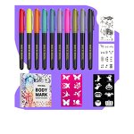 Skin Tattoo Pens Manufacturer - Medical Grade Non-Toxic Safe with Soft Brush Tips Fine Tip Waterproof Stencil Set