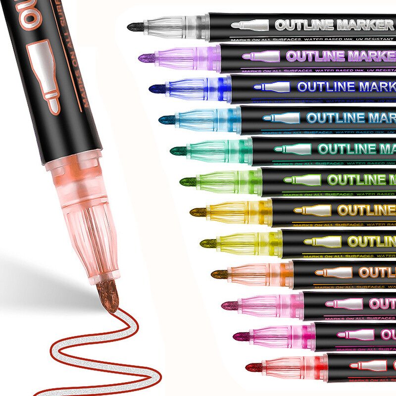 Glitter Outline Pens Sets Manufacturer - Custom Logo Labels Shimmering 12 Colors Double Lines Non-Toxic PET Material