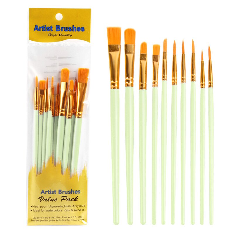 Paint Brush Set Manufacturer - Ready to Ship 10-Pack with Wood Handle Colorful Barrel Nylon Material