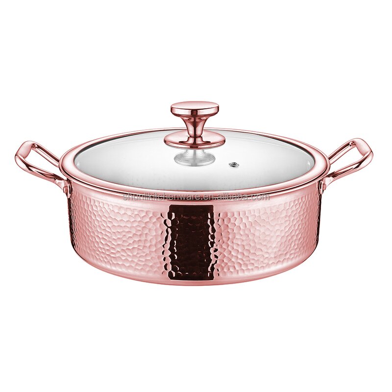 Chafing Dish Manufacturer - Rose Gold 304 Stainless Steel Hammer Pattern Hot Pot Induction Cooker With Glass Lid