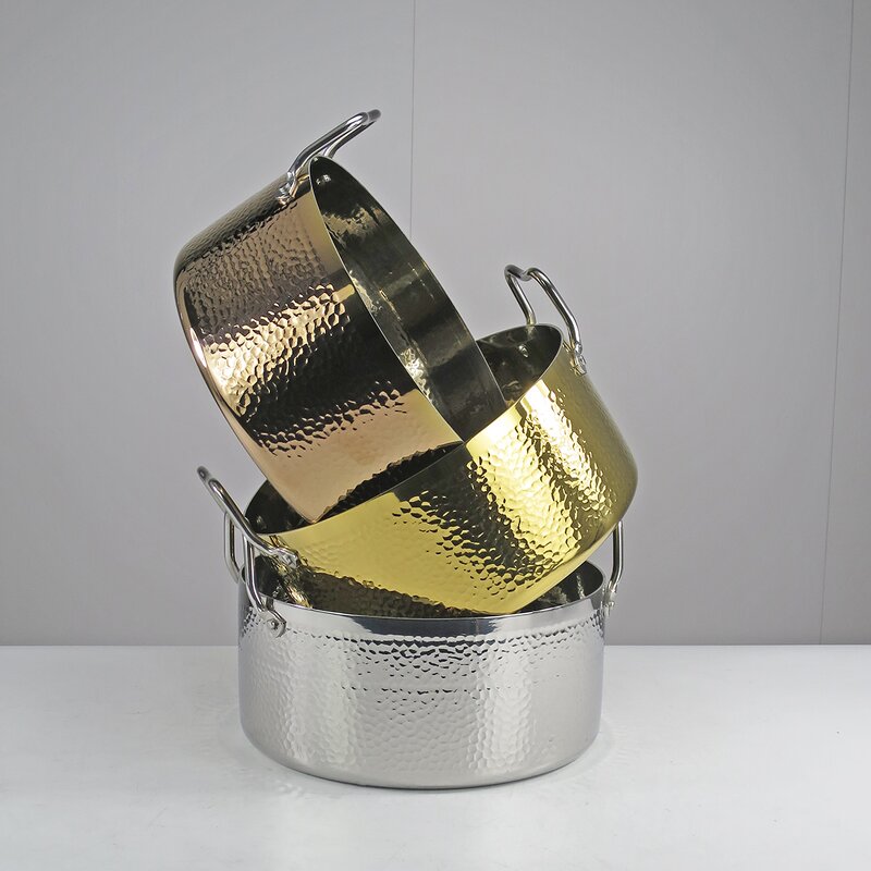 Soup Pot Manufacturer - Modern Three-Ply Steel High Body Luxury Golden Hammered 304 Stainless Steel Non-Stick Induction