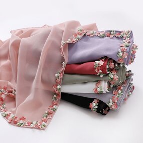 Scarf Manufacturer - New Chiffon Small Flower Lace Beaded Malaysia Headband Shawl Women's Square Hijab