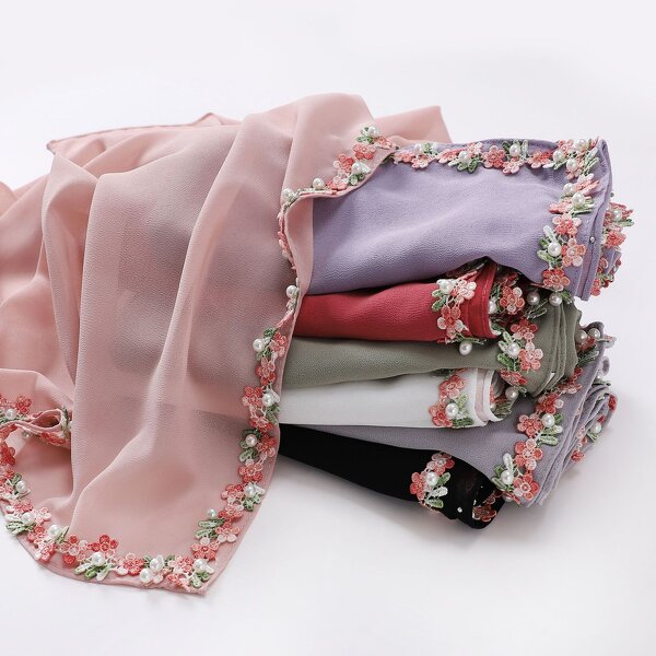 Scarf Manufacturer - New Chiffon Small Flower Lace Beaded Malaysia Headband Shawl Women's Square Hijab