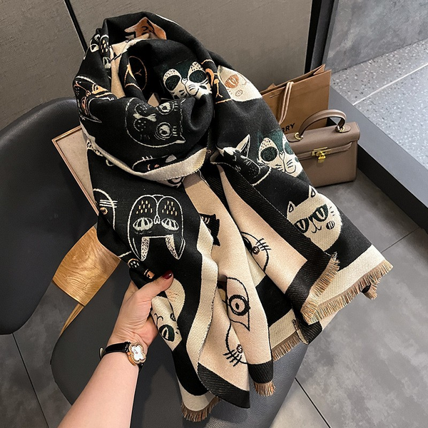 Long Scarf Manufacturer - Korean Winter New Cat Face Print Imitation Cashmere for Women Muslim Version Printed Elegant Warm