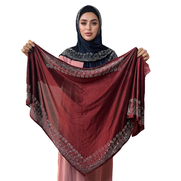 Muslim Scarf Manufacturer - Cross-border Wholesale Polyester Knitted Stretch Hot-fix Rhinestone Triangle Long Hui Ethnic