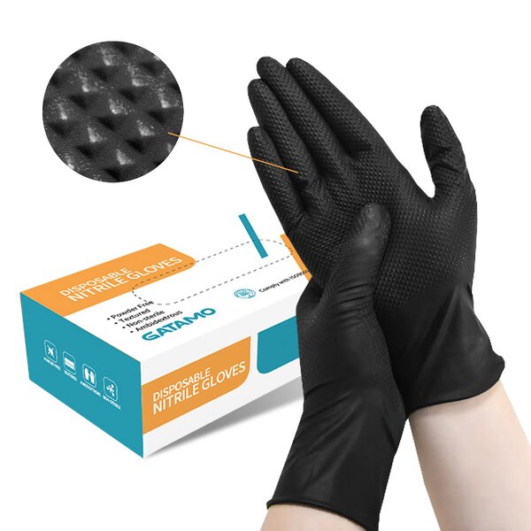 Disposable Nitrile Gloves Manufacturer - 8mil Industrial Black Mechanical Heavy Duty Powder Free Diamond Texture Work