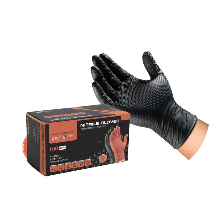 Nitrile Gloves Manufacturer - Disposable Protective Extra Thick Diamond Pattern Wear-resistant Anti-Slip SUNPPE NH15 Black Orange English