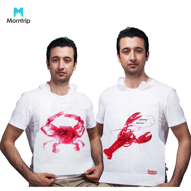 Disposable Adult Bibs Manufacturer - Low Price OEM Seafood Custom Logo Crab Printed Poly