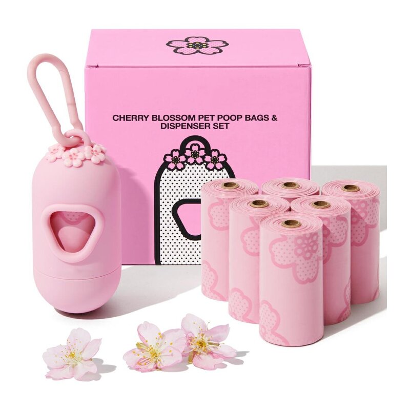 Biodegradable Pet Waste Bags Manufacturer - Custom Compostable Scented Dispenser Set Cornstarch Sustainable Pink Cherry Blossom Poop