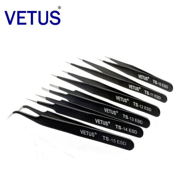 ESD Tweezers Manufacturer - 120mm VETUS Anti-Static Black Conductive Stainless Steel for Precision Clamping