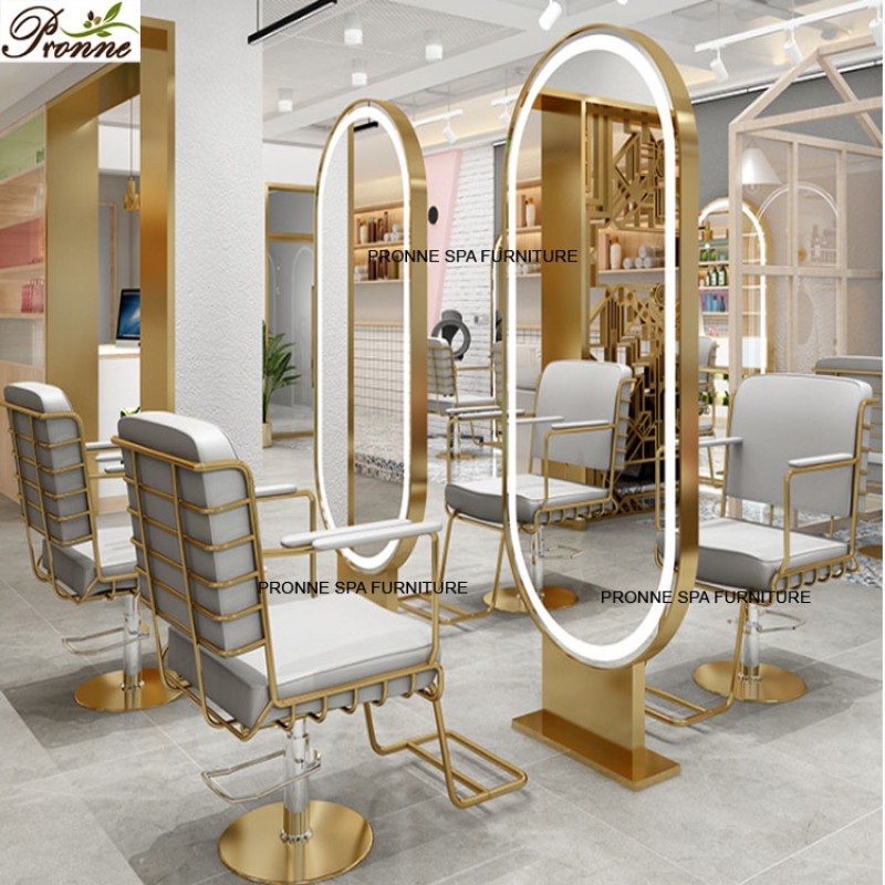 Wall Mounted Mirror Station Factory - Pronne Luxury Gold Stainless Steel Frame Hairdressing Makeup Styling with Light