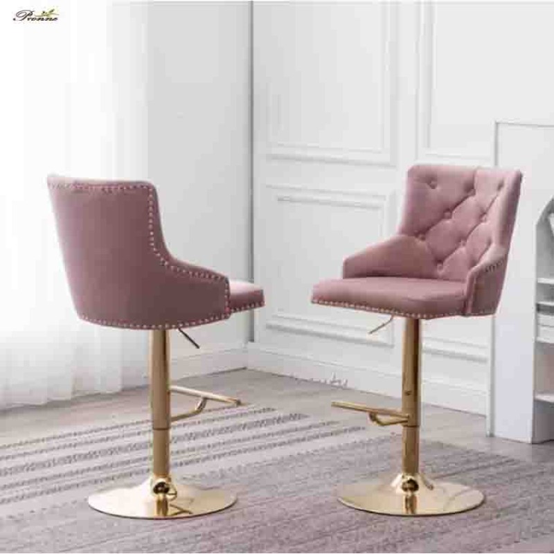 Bar Stool Manufacturer - Nordic Simple Modern Pink Velvet Adjustable Gold Height with Backs