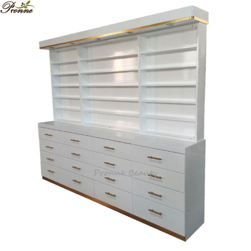 Cosmetic Nail Salon Cabinet Factory - High Glossy White Luxury Customized Large with LED Light Beauty Salon
