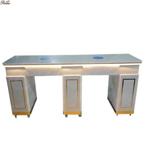 Manicure Table Manufacturer - Nail Salon White Gold Marble Top Double Seater with Lights