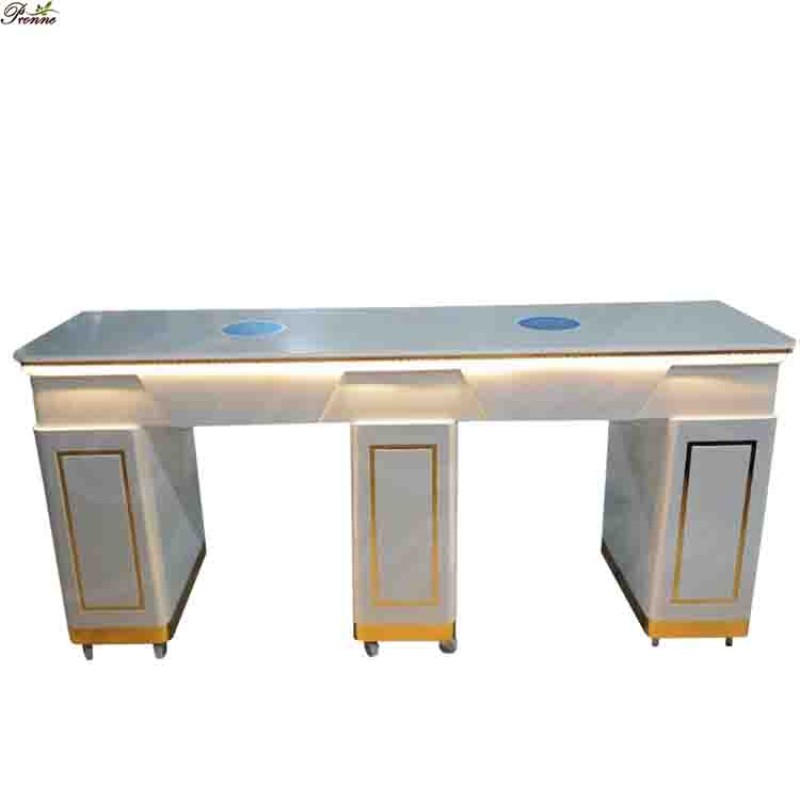 Manicure Table Manufacturer - Nail Salon White Gold Marble Top Double Seater with Lights