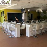 Long Manicure Table Manufacturer - Luxury High Gloss Multi-seats Grey Leather Tufted Curved Nail Bar