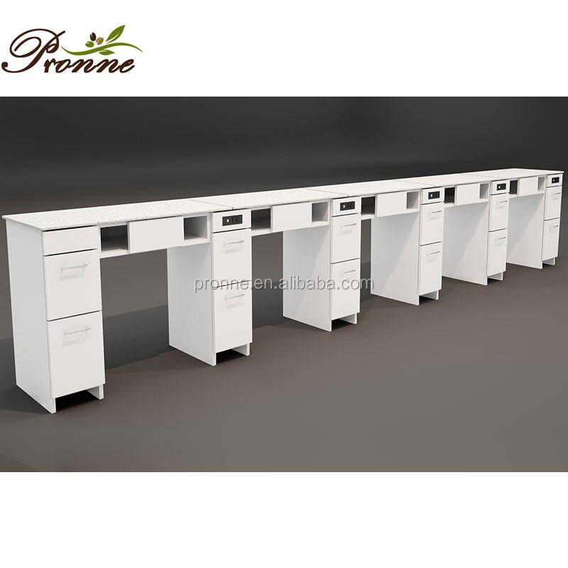 Nail Bar Table Factory - Custom Made Marble Top White Beauty Salon with Drawers Tables